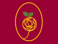 a yellow and red logo with a leaf in the middle