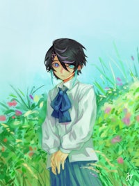 a girl in a dress standing in a field
