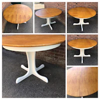 a series of photos showing a white and wooden dining table