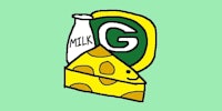a cheese and milk logo on a green background