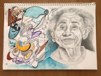 a drawing of an old man with a smile on his face