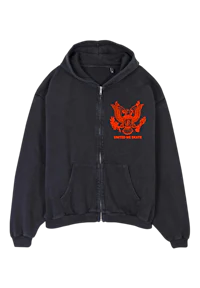 a black hoodie with an orange eagle on it