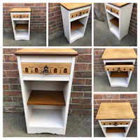 four different pictures of a nightstand with drawers