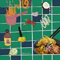 an illustration of a bowl of noodles with sauce and spices