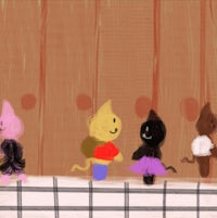 a drawing of a group of cats standing next to a fence