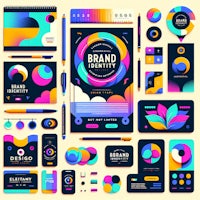 a set of colorful logos and business cards