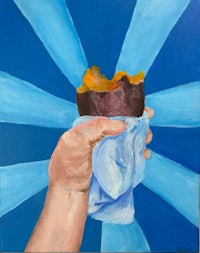 an oil painting of a hand holding an ice cream