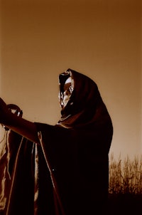 a person in a cloak standing in a field