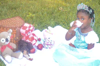 a little girl in a princess dress sitting on the grass with teddy bears