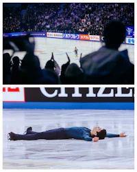 two pictures of a figure skater laying on the ice