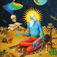 a painting of a blue man sitting on the ground