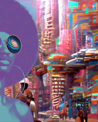 a woman with an afro and sunglasses in a futuristic city