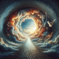 an image of a tunnel with clouds and doves