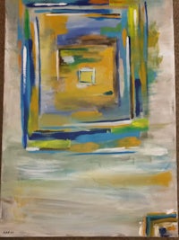 an abstract painting of a square with blue and yellow colors