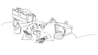a black and white drawing of a crate with various items in it