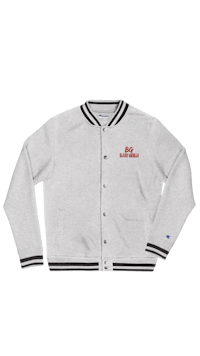 a white varsity jacket with the word champion on it