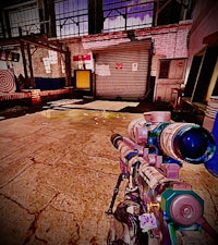 a screenshot of a video game with a rifle in the background