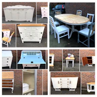 a collage of pictures showing various pieces of furniture