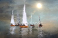 a painting of sailboats in the water with the sun behind them