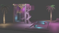 a 3d model of a room with palm trees and a pool