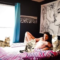 a woman laying on a bed with cats on it