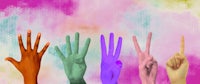 a group of hands painted in different colors on a colorful background