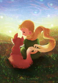 a boy and a fox sitting in the grass