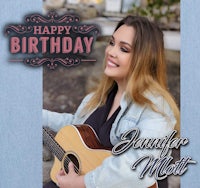 a woman holding an acoustic guitar with the words happy birthday