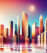 a city skyline with a full moon in the background