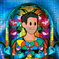 a stained glass image of a man in a colorful shirt