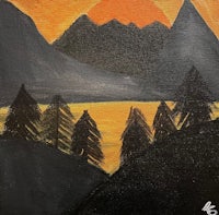 a painting of a sunset with mountains and trees