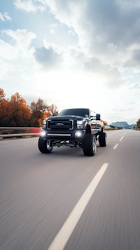 a black truck is driving down the road