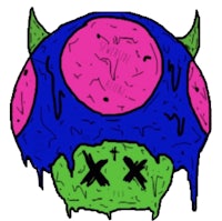 a blue, pink, and green mushroom with horns on it