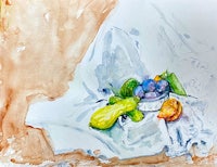 a watercolor painting of fruits and vegetables on a table