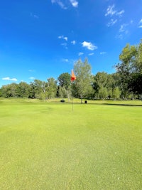 a golf course with a flag in the middle of the green