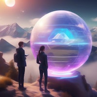 two people standing in front of a glowing sphere