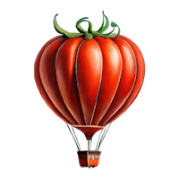 a painting of a tomato on a hot air balloon
