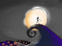 a drawing of jack and sally standing on a hill