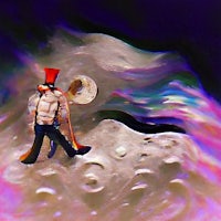 a man in a red hat is standing on the moon