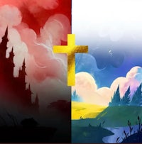 a painting of a castle and a cross