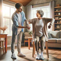 a man is helping an elderly woman in a living room