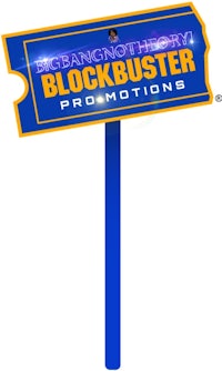 blockbuster promotional sign with blue and yellow lettering