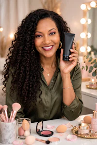 a woman with curly hair holding a tube of makeup