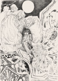 a black and white drawing of a woman sitting on a bed