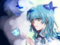 a girl with blue hair is pointing at a blue fish