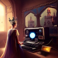 a woman sitting at a computer with a crown on her head