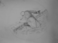 a drawing of a girl looking out of a window