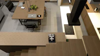 an aerial view of a kitchen and dining area