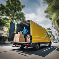 a man is loading boxes into a yellow delivery van