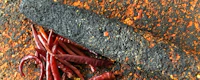 red chili peppers on a burnt piece of wood